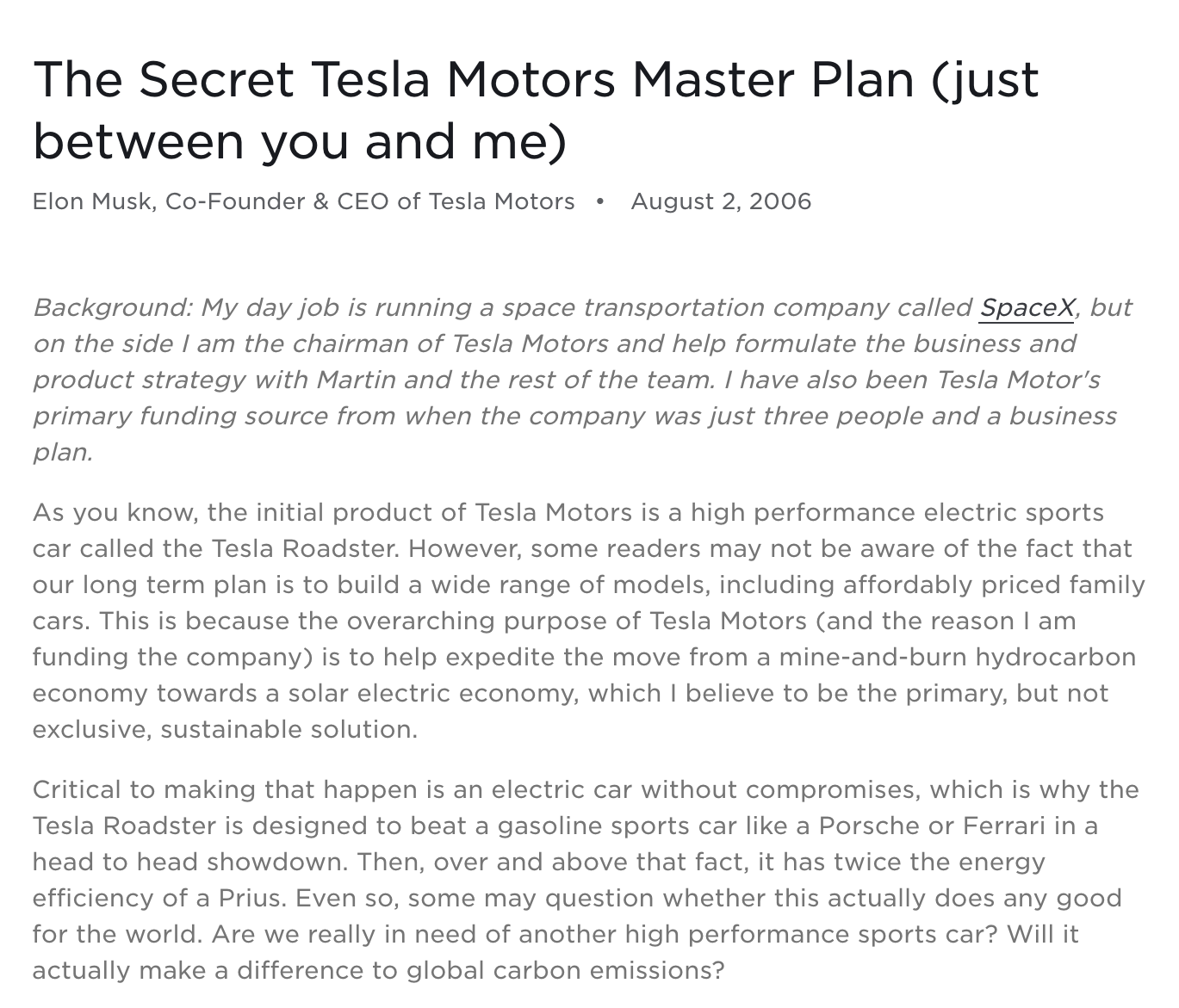 A screenshot of Elon Musk's Tesla blog from 2006, in which he outlined affordable EVs as his main aim. The blog has been taken down.